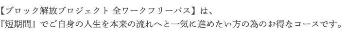 【ブロック解放プロジェクト 全ワークフリーパス】は、『短期間』でご自身の人生を本来の流れへと一気に進めたい方の為のお得なコースです。